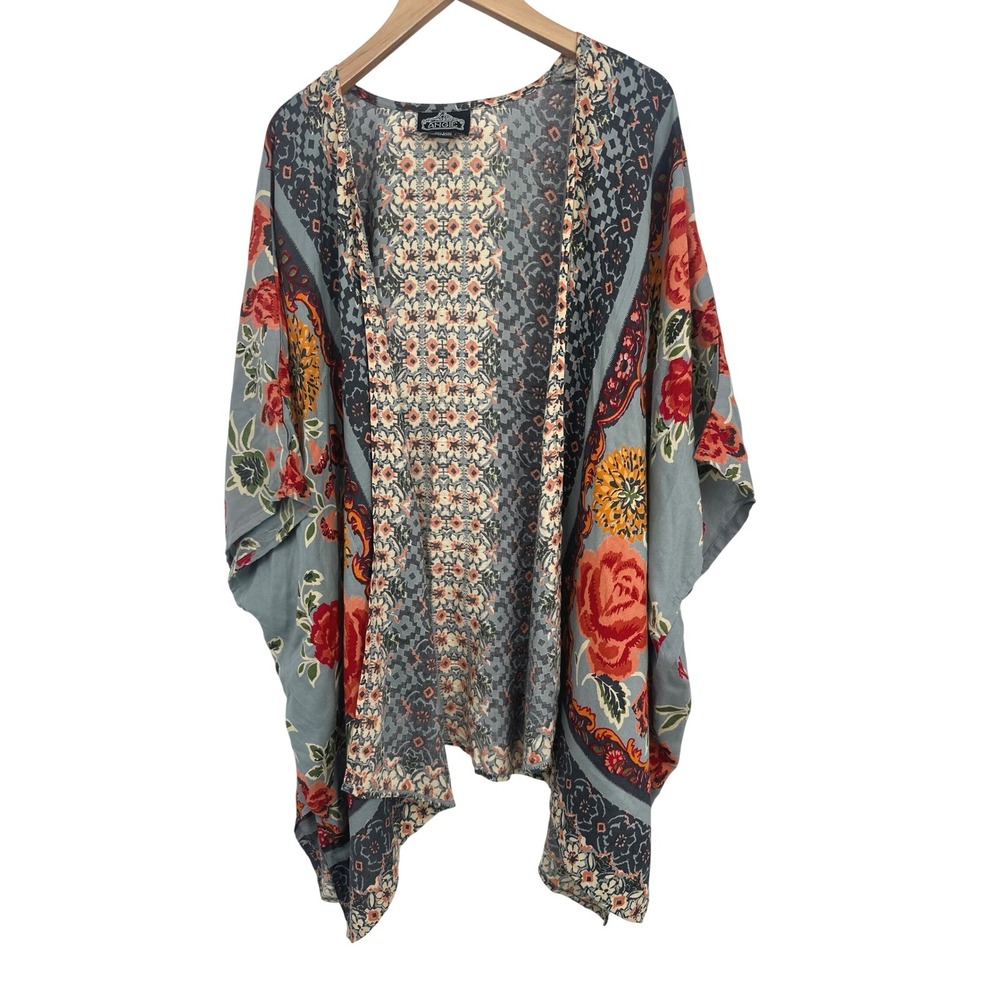 Angie Kimono Cardigan Women M Blue Orange Floral Paisley Boho Festival Flowy